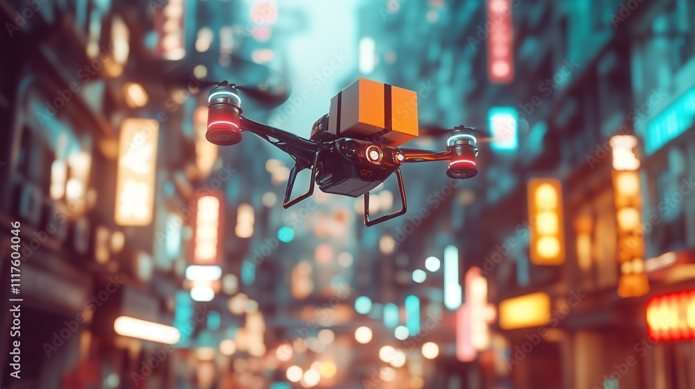 The drone of the future delivers a parcel against the background of the city The drone of the future delivers a parcel against the background of the city