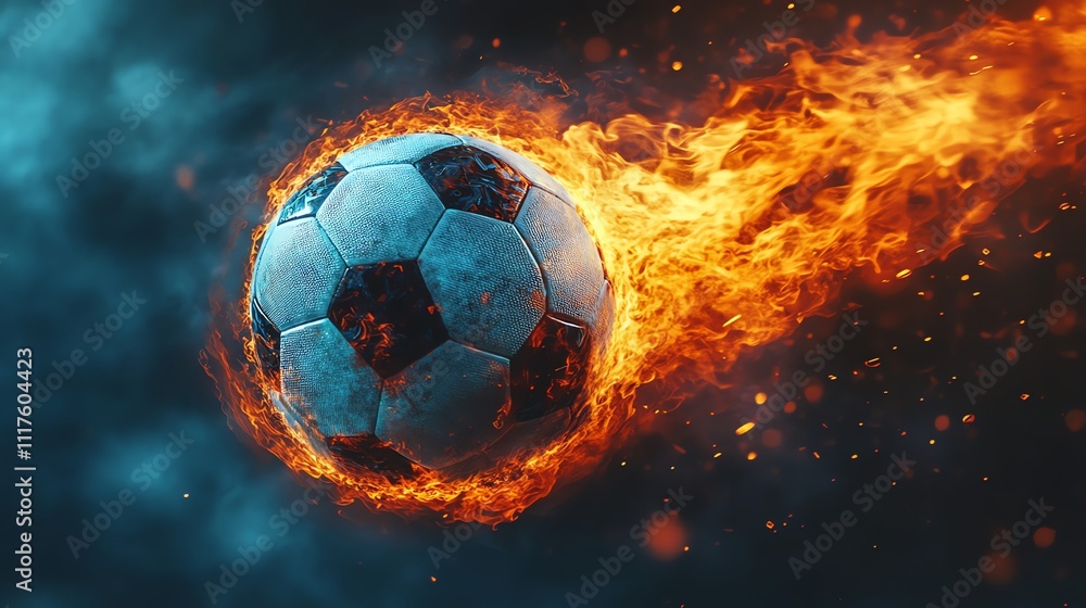 Fototapeta premium A flaming soccer ball in motion, symbolizing energy and excitement in sports.