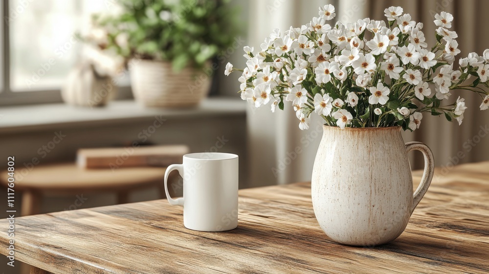 Minimalist workspace with a wooden desk and a white vase with a flower, perfect for a calming environment. Minimalist workspace with a wooden desk and a white vase with a flower, perfect for a calming environment.