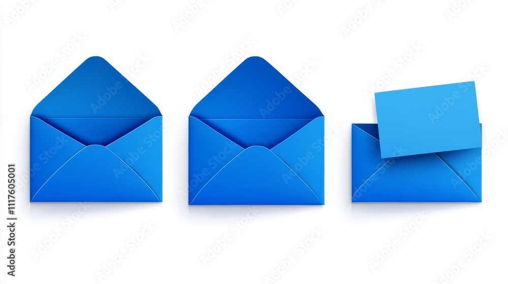 Three blue envelopes are shown. One is closed, the second is partly open, and the last one is completely open, revealing an empty card inside. Three blue envelopes are shown. One is closed, the second is partly open, and the last one is completely open, revealing an empty card inside.