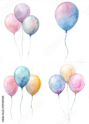 A set of four watercolor paintings of balloons in various colors