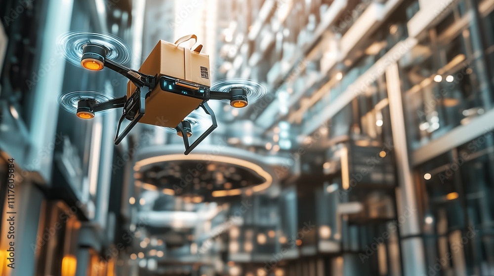 The drone of the future delivers a parcel against the background of the city The drone of the future delivers a parcel against the background of the city