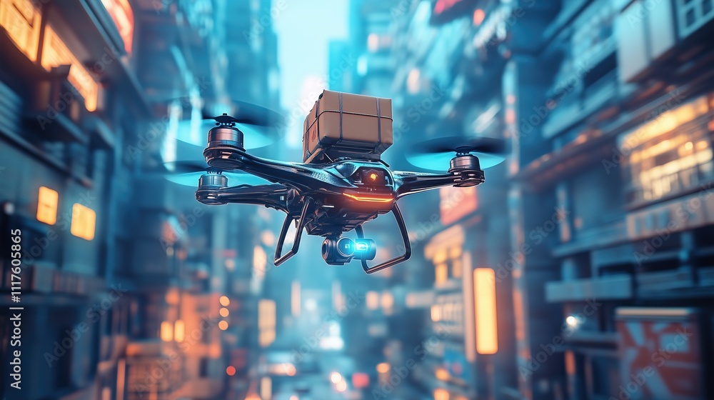 The drone of the future delivers a parcel against the background of the city The drone of the future delivers a parcel against the background of the city
