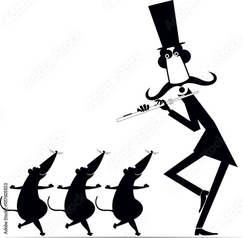 Cartoon musician playing flute for rats or mouse. 
Funny long mustache man in the top hat playing flute to cute dancing rats or mouse. Black and white illustration
