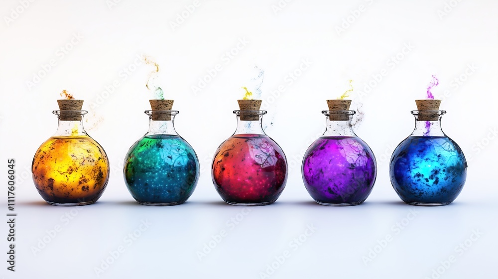 Magic flasks with glowing liquid on a light background Magic flasks with glowing liquid on a light background