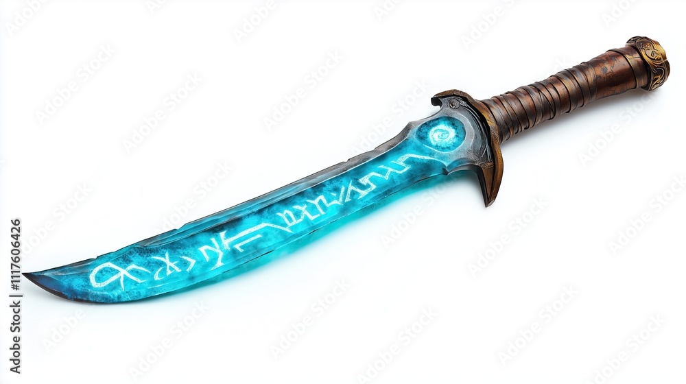 Ancient sword with blue runes on the blade on a white background Ancient sword with blue runes on the blade on a white background
