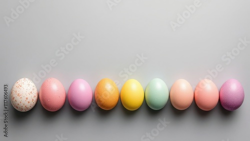 Vibrant, pastel-colored eggs neatly lined up on a sleek gray surface, showcasing a modern, minimalistic Easter theme with soft lighting and smooth textures