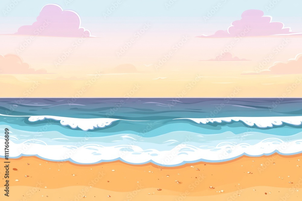 A serene beach scene at sunset with gentle waves and soft clouds. A serene beach scene at sunset with gentle waves and soft clouds.