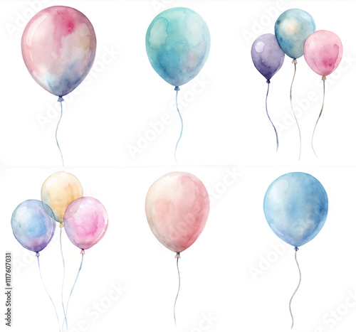 A set of six watercolor balloons, each with a different color and size