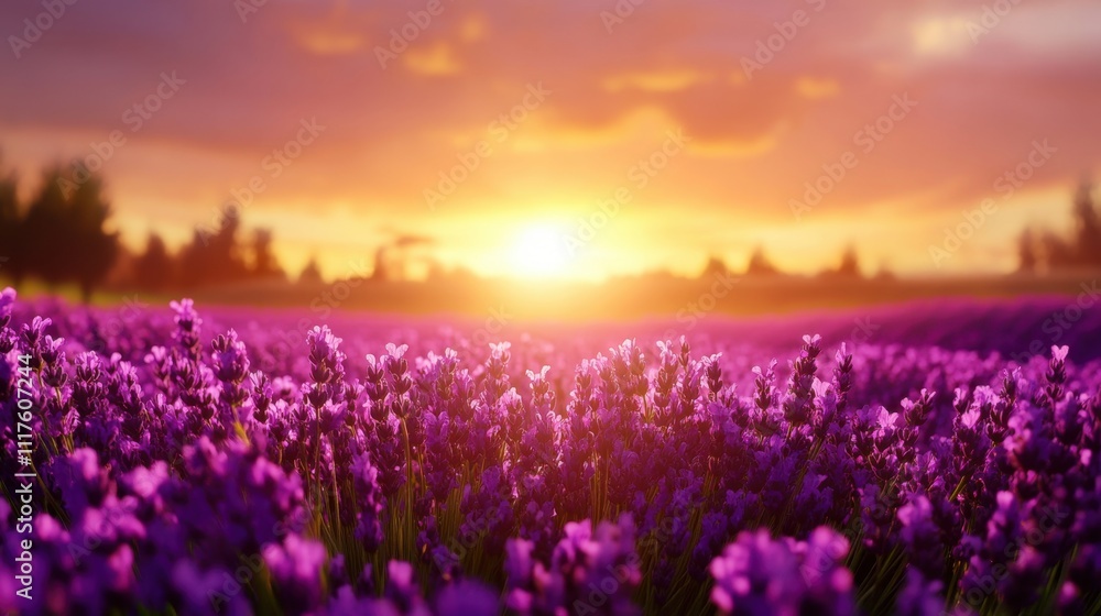 Fototapeta premium A breathtaking sunset casts a warm glow over a vast field of vibrant purple lavender flowers