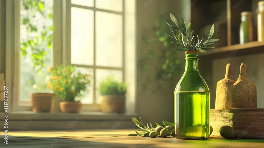 A realistic, computer-generated image of a green glass bottle filled with olive oil. A realistic, computer-generated image of a green glass bottle filled with olive oil.
