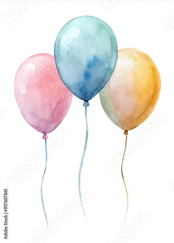 Three balloons of different colors are floating in the air