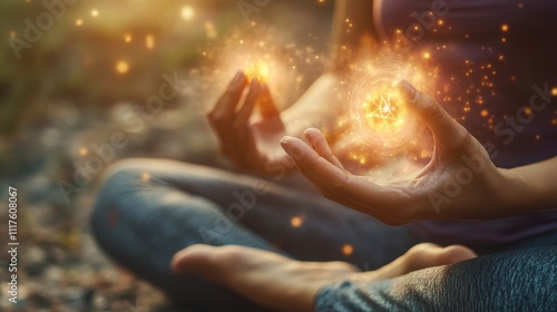 Meditation in nature with magical energy orbs surrounding young asian woman