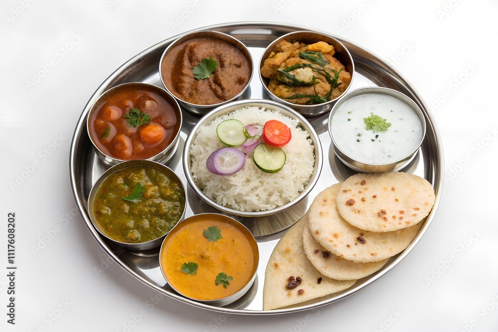 : Traditional Indian vegetarian thali served on a stainless steel plate with rice, curry, naan, and an assortment of side dishes, showcasing authentic Indian cuisine and flavors. : Traditional Indian vegetarian thali served on a stainless steel plate with rice, curry, naan, and an assortment of side dishes, showcasing authentic Indian cuisine and flavors.