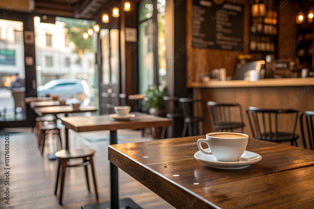 Cozy coffee shop interior with a wooden table in focus and a cup of coffee, blurred background showcasing warm lights and inviting ambiance. Cozy coffee shop interior with a wooden table in focus and a cup of coffee, blurred background showcasing warm lights and inviting ambiance.