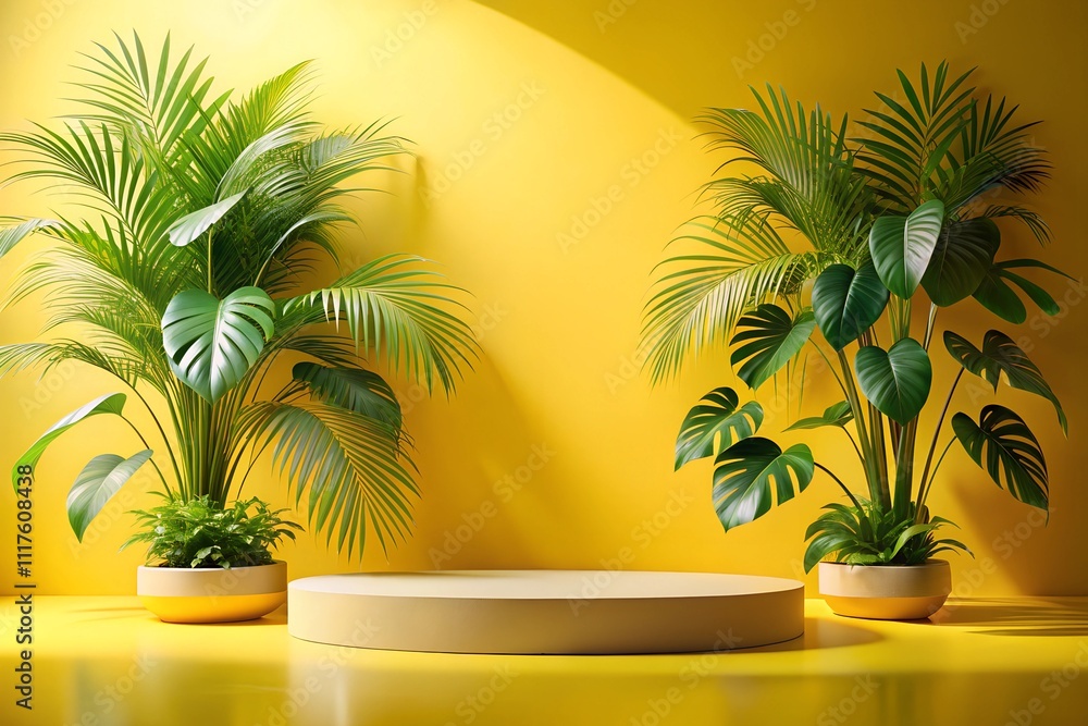Vibrant yellow display platform surrounded by lush tropical plants in pots. A bright setup ideal for product presentation, branding, and summer-themed visuals. Vibrant yellow display platform surrounded by lush tropical plants in pots. A bright setup ideal for product presentation, branding, and summer-themed visuals.