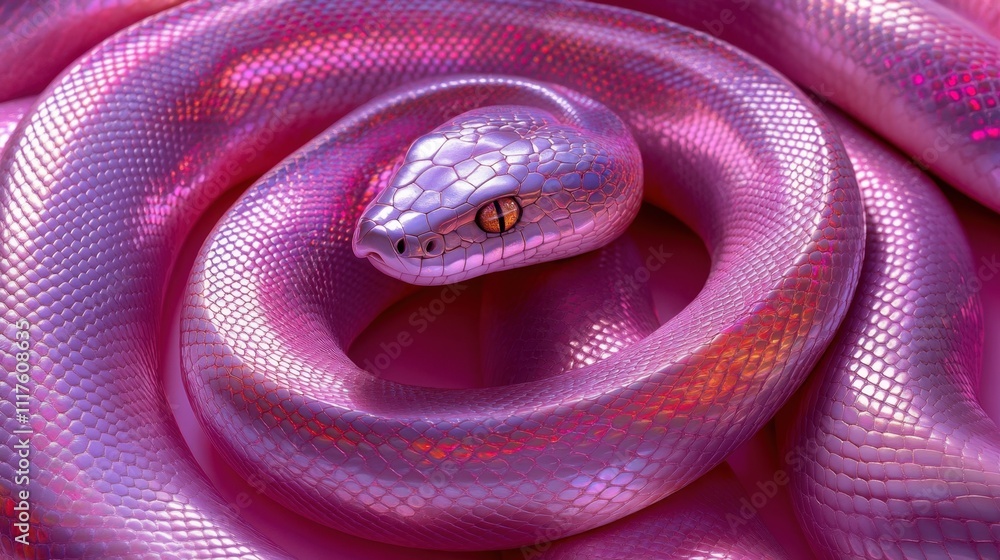 Fototapeta premium Pink snake with iridescent scales, coiled up with its head facing the viewer