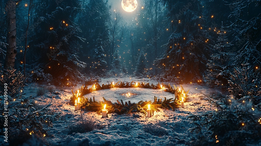 Fototapeta premium Tranquil Winter Solstice Altar in Snowy Forest with Candlelight and Evergreen Wreaths under Soft Moonlight
