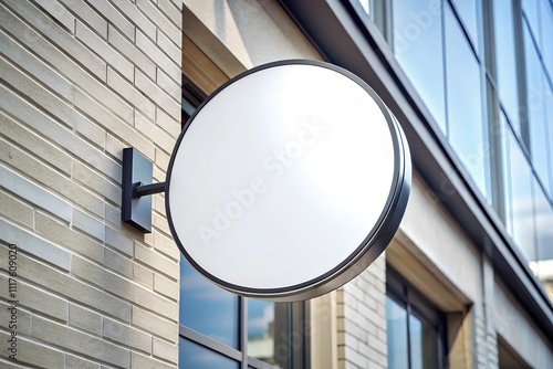 Blank round signage mockup displayed on a contemporary building wall with reflective windows. Ideal for branding, logo, or shop displays in a professional urban setting. photo