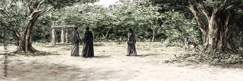 Woodcutter demonstrating proper safety techniques to a group of eager learners in a forest clearing surrounded by trees and wildlife photo