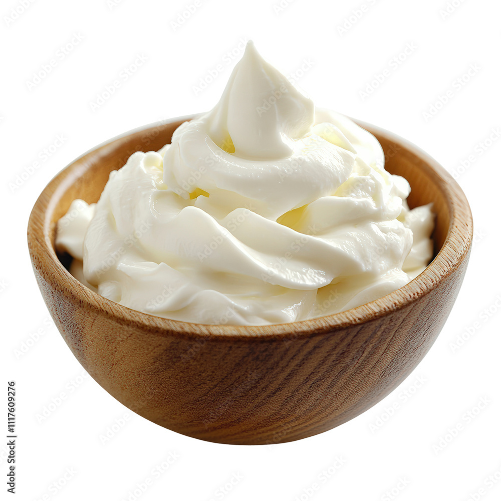A creamy swirl of whipped topping displayed in a wooden bowl on white background , cut out. A creamy swirl of whipped topping displayed in a wooden bowl on white background , cut out.