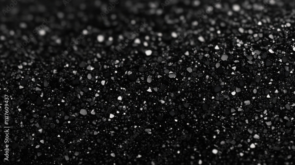 Close-up of a black surface with a grainy texture, possibly glitter or sand, creating a dark and sparkly background Close-up of a black surface with a grainy texture, possibly glitter or sand, creating a dark and sparkly background
