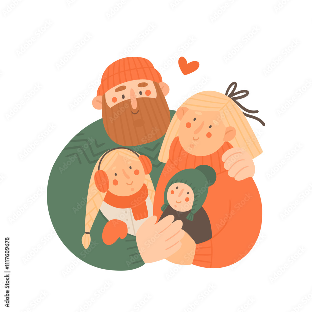 Happy family. Cute winter illustration of mother, father, daughter and son. Vector cartoon portrait. Template for Christmas greeting card Happy family. Cute winter illustration of mother, father, daughter and son. Vector cartoon portrait. Template for Christmas greeting card