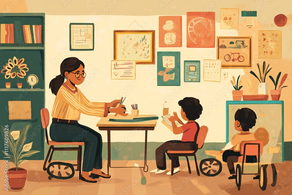 An Indian teacher working in an inclusive classroom setting, teaching students of diverse abilities together An Indian teacher working in an inclusive classroom setting, teaching students of diverse abilities together