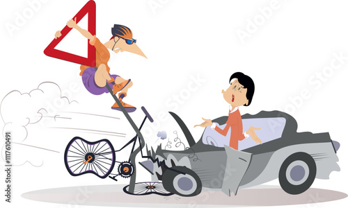 Traffic accident. Bicycle accident. Collisions with car and bicycle. 
Upset driver woman looking at a cyclist hanging on the road sign after the crash.
