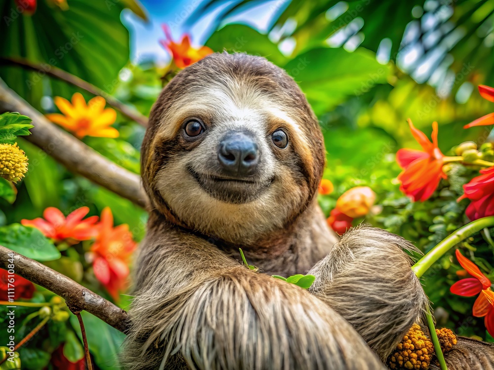 Naklejka premium A Playful Sloth in the Lush Rainforest of Costa Rica, Hanging from a Tree Branch with a Cute and Content Expression, Surrounded by Vibrant Greenery and Colorful Flora
