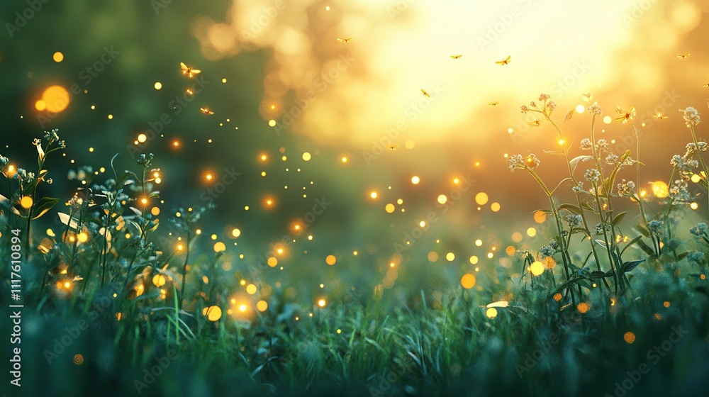 A serene landscape filled with glowing particles and blooming flowers in a soft, warm light. A serene landscape filled with glowing particles and blooming flowers in a soft, warm light.