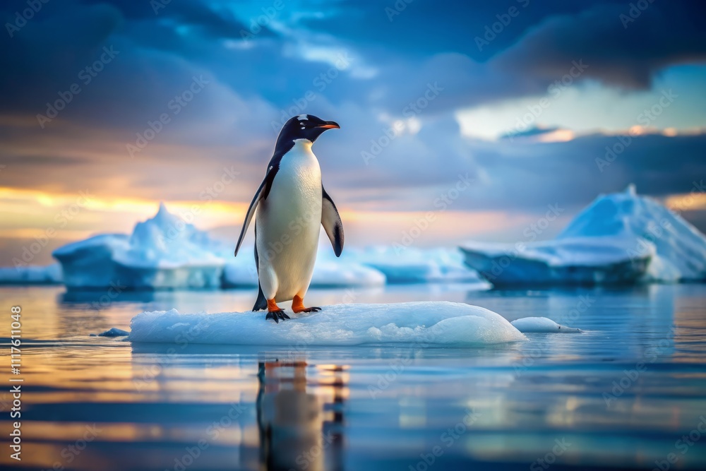 Fototapeta premium A Solitary Penguin on an Ice Floe in a Serene Ocean Setting with a Softly Blurred Background of Sea and Sky, Capturing the Essence of Urban Exploration in Nature's Remote Beauty