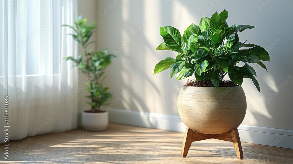 Fototapeta premium Minimalistic interior design with a potted plant on a wooden stand, showcasing a clean and modern aesthetic.