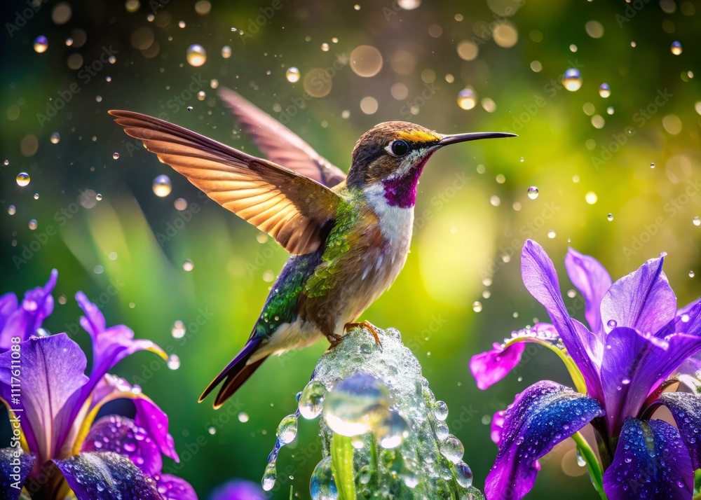 Naklejka premium A Stunning Hummingbird Delicately Bathing in a Blooming Purple Iris Surrounded by Sunlit Water Droplets, Captured in Tilt-Shift Photography for Nature Enthusiasts