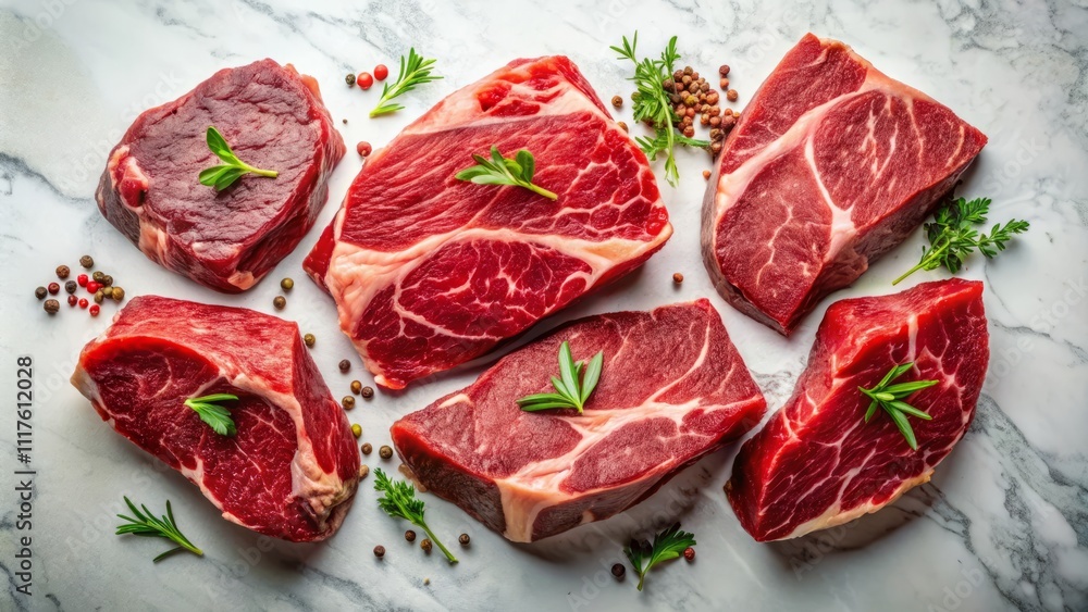 Aerial View of Fresh Raw Beef Meat Isolated on Background Perfect for Culinary Use, Recipe Ideas, and Food Industry Presentations Aerial View of Fresh Raw Beef Meat Isolated on Background Perfect for Culinary Use, Recipe Ideas, and Food Industry Presentations