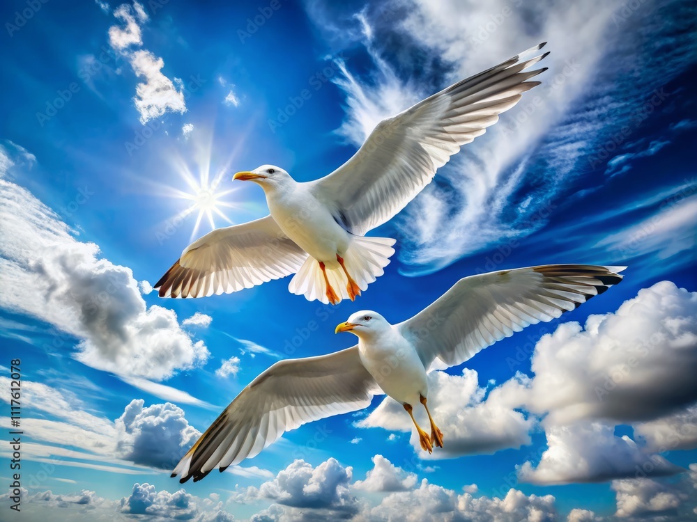 Fototapeta premium Aerial View of Two Seagulls in Flight Against a Blue Sky with Fluffy White Clouds, Capturing the Beauty of Nature and Freedom in the Open Air