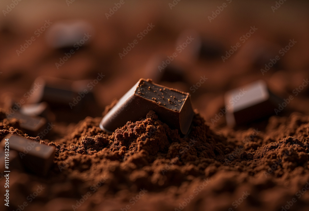 close up of chocolate pieces in cocoa powder close up of chocolate pieces in cocoa powder