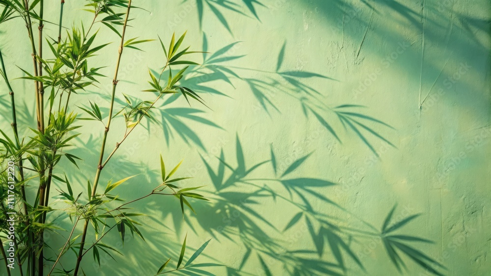 Fototapeta premium Bamboo Branches Casting Shadows on Soft Pastel Green Wall - Tranquil Nature Concept for Plant Design and Aesthetic Backgrounds