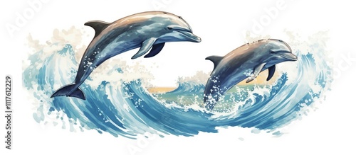 watercolor illustration of intelligent sea animal dolphin jumping on the surface of the wavy sea water at sunset photo