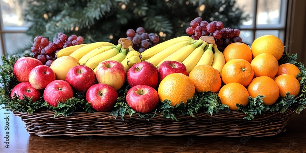 A vibrant fruit basket featuring apples, bananas, oranges, and grapes, arranged decoratively. A vibrant fruit basket featuring apples, bananas, oranges, and grapes, arranged decoratively.