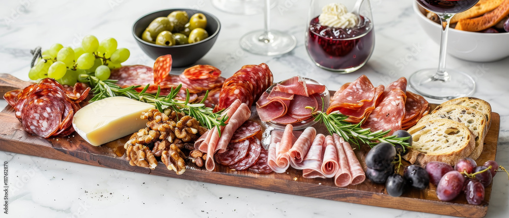 A wooden platter with a variety of meats and cheeses, including grapes, olives A wooden platter with a variety of meats and cheeses, including grapes, olives