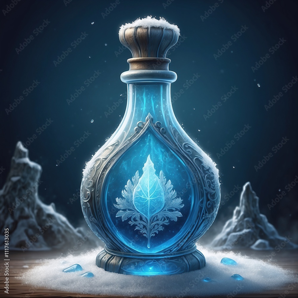 A frost-covered potion bottle filled with icy blue liquid, emitting cold mist, detailed magical engravings, fantasy artwork
A frost-covered potion bottle filled with icy blue liquid, emitting cold mist, detailed magical engravings, fantasy artwork