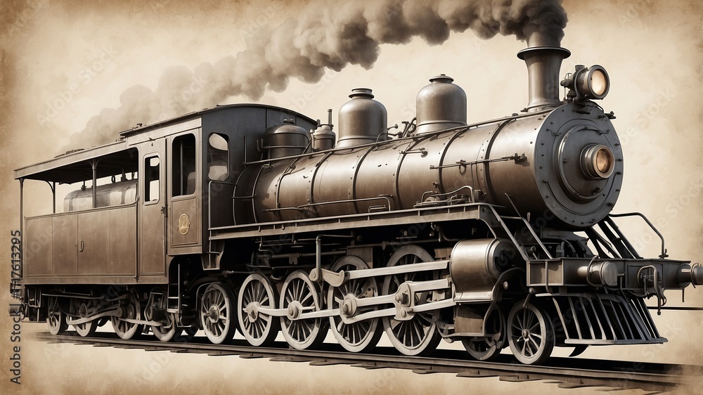 Naklejka premium A Victorian illustration of a locomotive train, detailed wheels and steam, sepia-toned paper texture