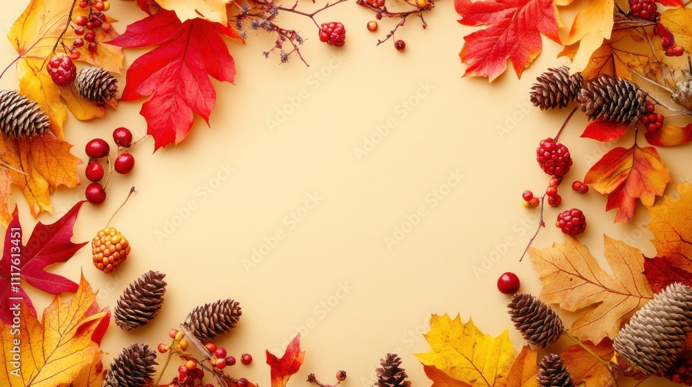 Autumnal Frame with Leaves, Berries and Pine Cones Autumnal Frame with Leaves, Berries and Pine Cones