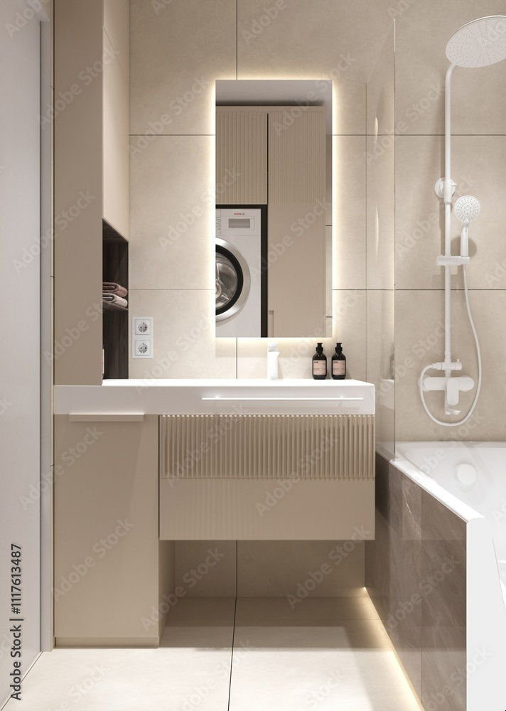 Fototapeta premium Interior design of a small bathroom with a white shower system. Glass curtain on the bathtub. Lighting under the bathtub. Small rectangular mirror with lighting