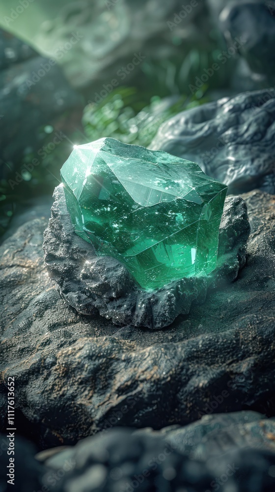 Breathtaking close up view of a stunning emerald green crystal geode formation nestled in a natural rocky environment with sparkling luminescent qualities Breathtaking close up view of a stunning emerald green crystal geode formation nestled in a natural rocky environment with sparkling luminescent qualities