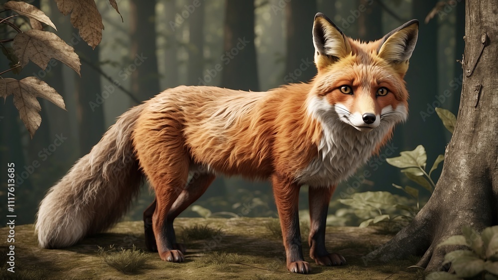 Obraz premium An antique wildlife illustration of a fox in a woodland setting, detailed fur texture, and aged look 