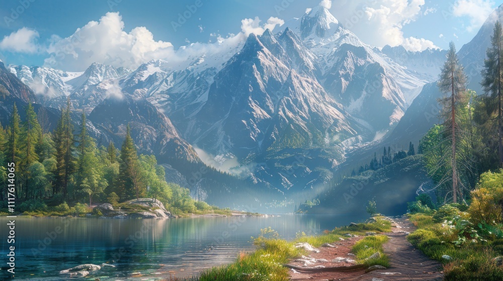 Majestic mountain range reflected in a serene lake, surrounded by lush greenery and a tranquil path.