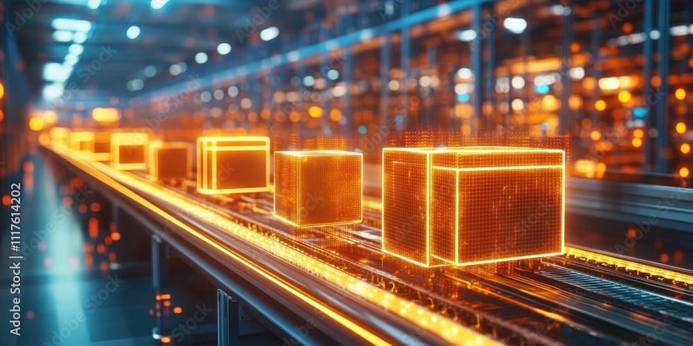 Obraz premium Advanced 3D Rendering of a Futuristic Warehouse Interior with Glowing Digital Elements and High-Tech Features for Logistics and Supply Chain Innovation