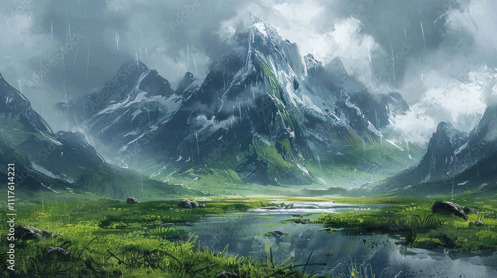 Majestic mountain range with lush valley and rain. Majestic mountain range with lush valley and rain.